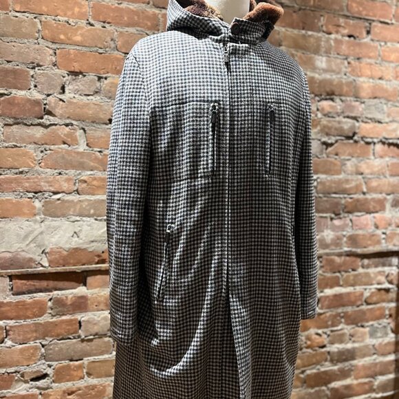 ETRO Milano Wool Blend Houndstooth Coat with Shearling Hood - Picture 5 of 14